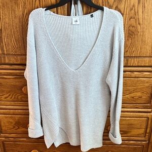 CAbi Soft Gray Knit V-Neck Sweater with cami.